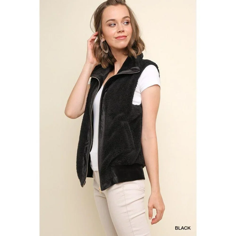 Umgee Vest Sleeveless Soft Teddy Knit Zip Velvet S - Picture 1 of 2